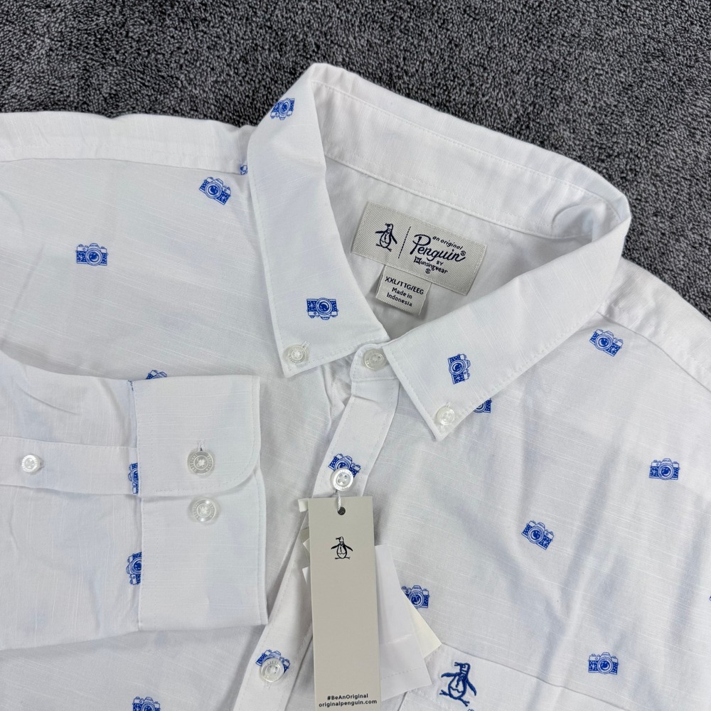 Original Penguin Mens XXL White Blue Camera Print Button Down Shirt NWT $89